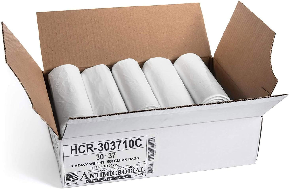 Aluf Plastics High Density Trash Bags, 30 Gallon, 500 Count, 10 Micron (eq), 30" x 37", Clear, for