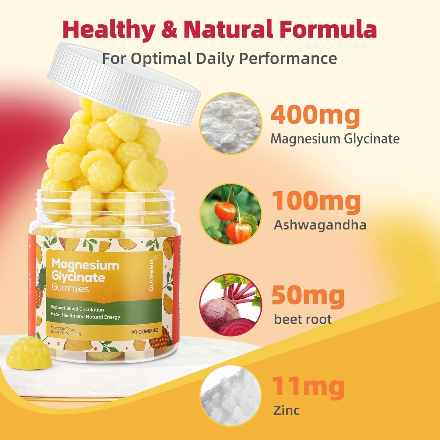90 Count Magnesium Glycinate Gummies 400mg w/Ashwagandha Supplement - Sugar Free Zinc Magnesium