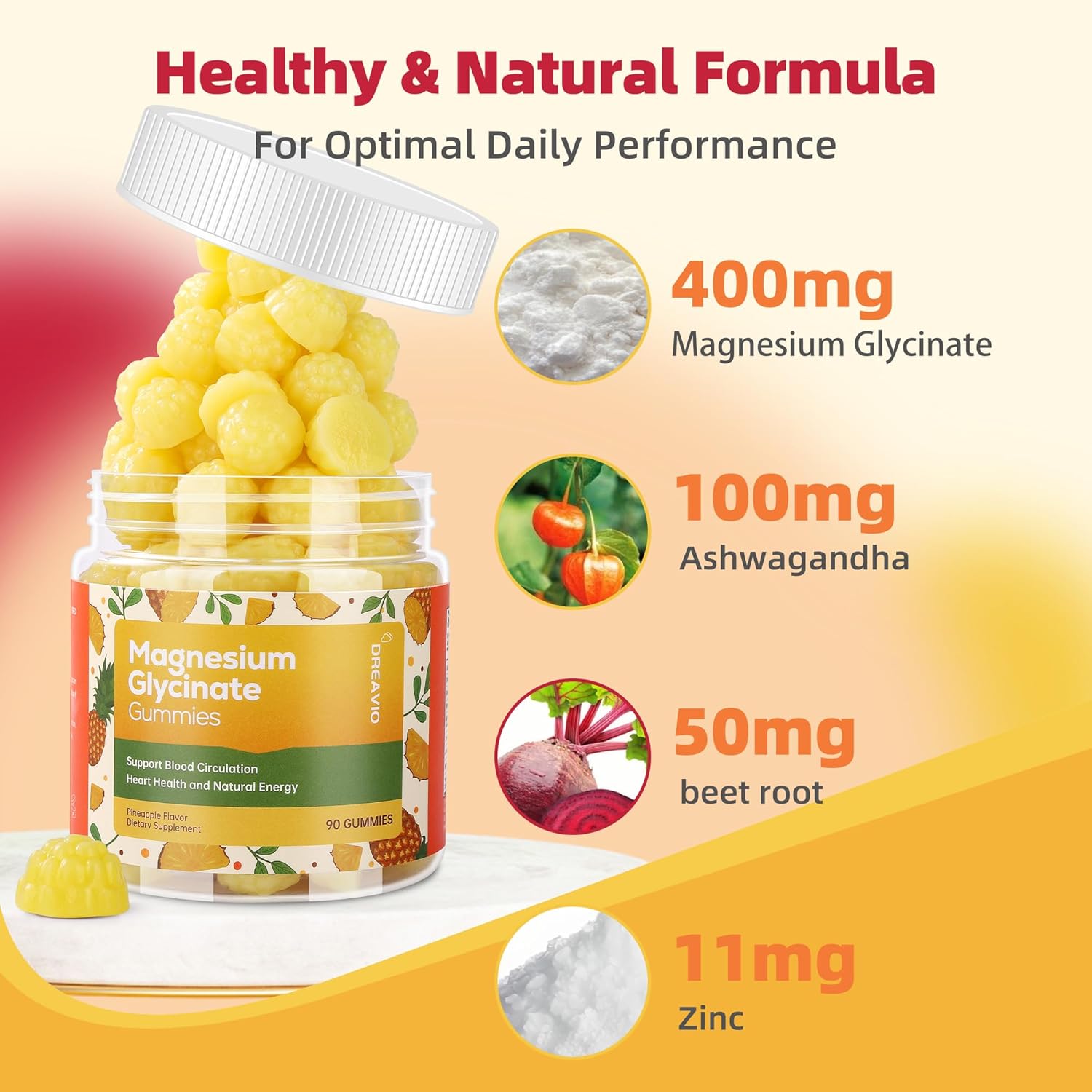90 Count Magnesium Glycinate Gummies 400mg w/Ashwagandha Supplement - Sugar Free Zinc Magnesium