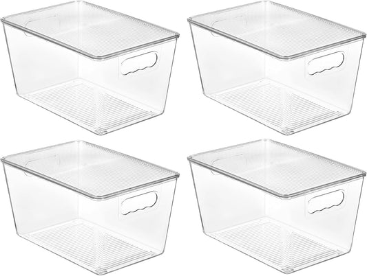 Vtopmart 4 Pack Clear Stackable Storage Bins with Lids, Large Plastic Containers with Handle for