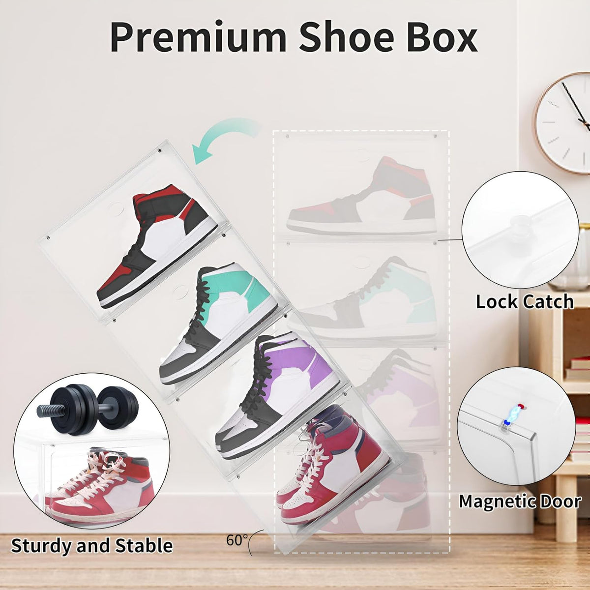 Large Shoe Boxes Clear Plastic Stackable, 8 Pack Drop Side Shoe Storage Organizer with Magnetic