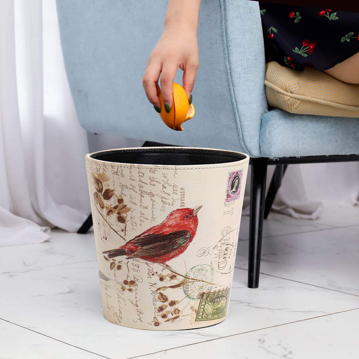 PU Leather Small Trash Can Wastebasket, Round Garbage Container Basket for Bathrooms, Laundry Room