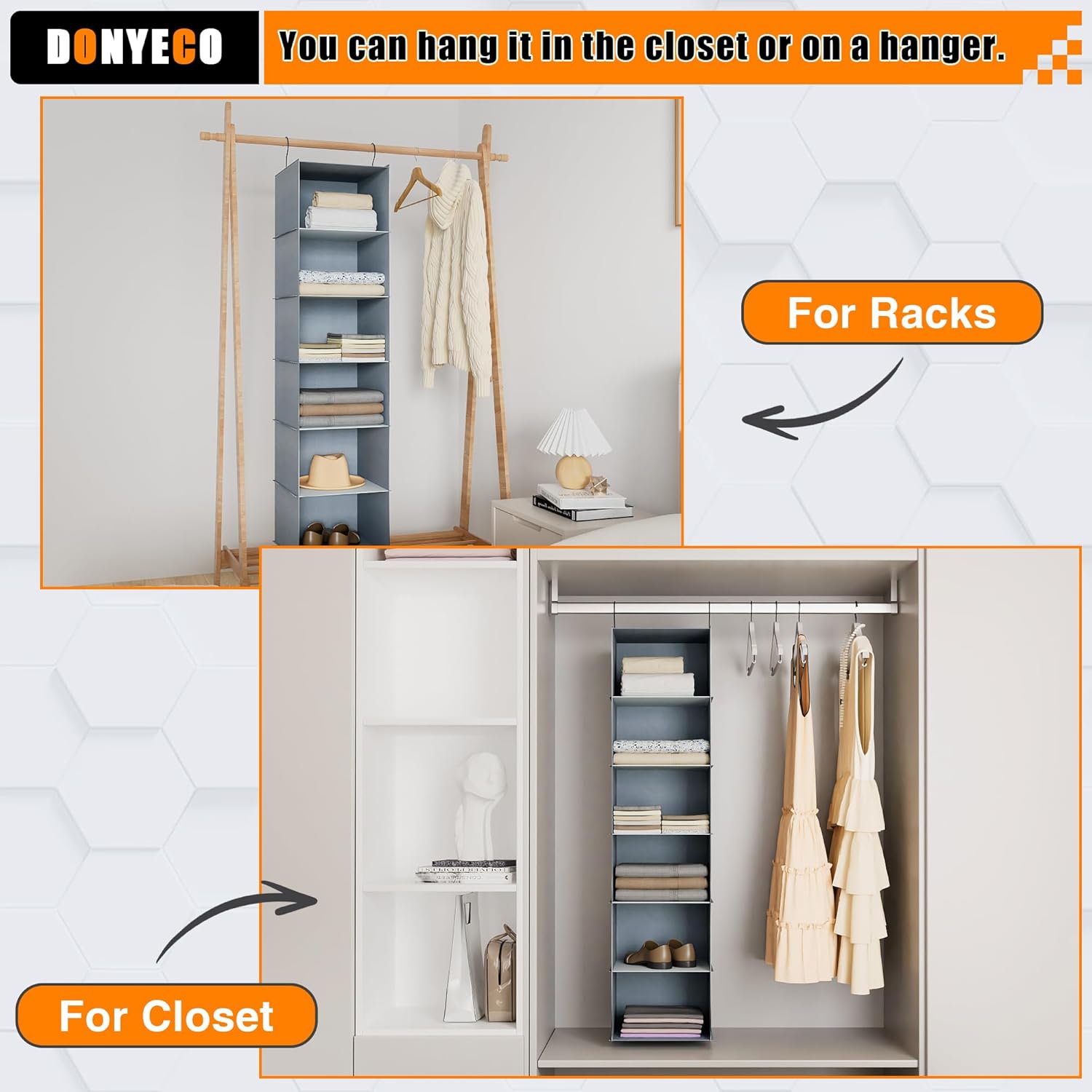 Hanging Closet Organizer and Storage 6-Shelf, Easy Mount Foldable Hanging Closet Wardrobe Shelves