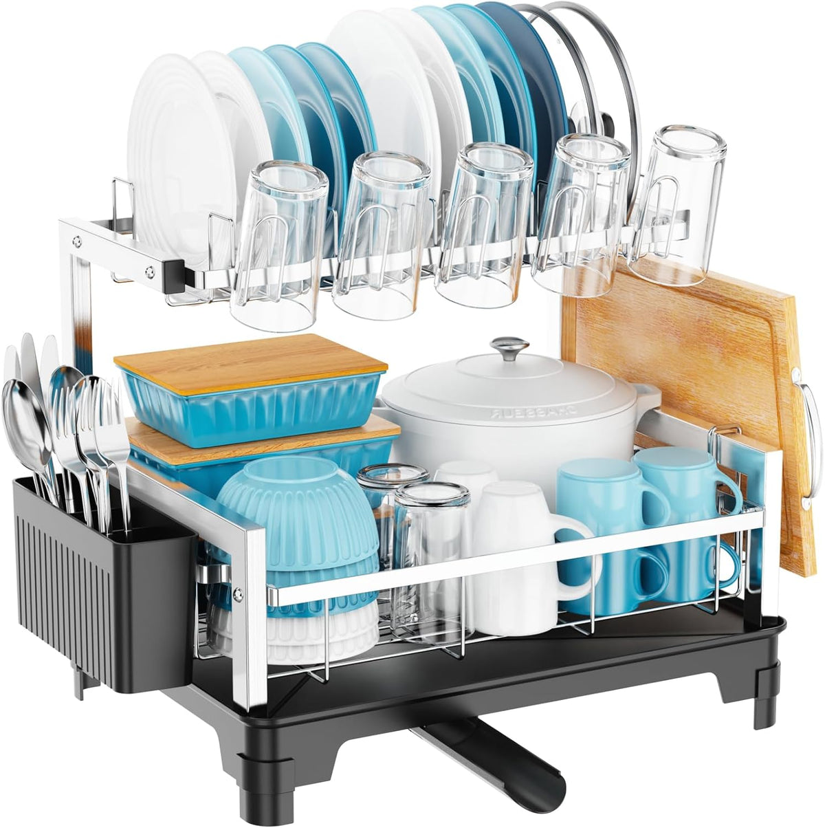 GSlife Dish Drying Rack for Kitchen Counter - Stainless Steel 2 Tier Dish Drainer with Cutting