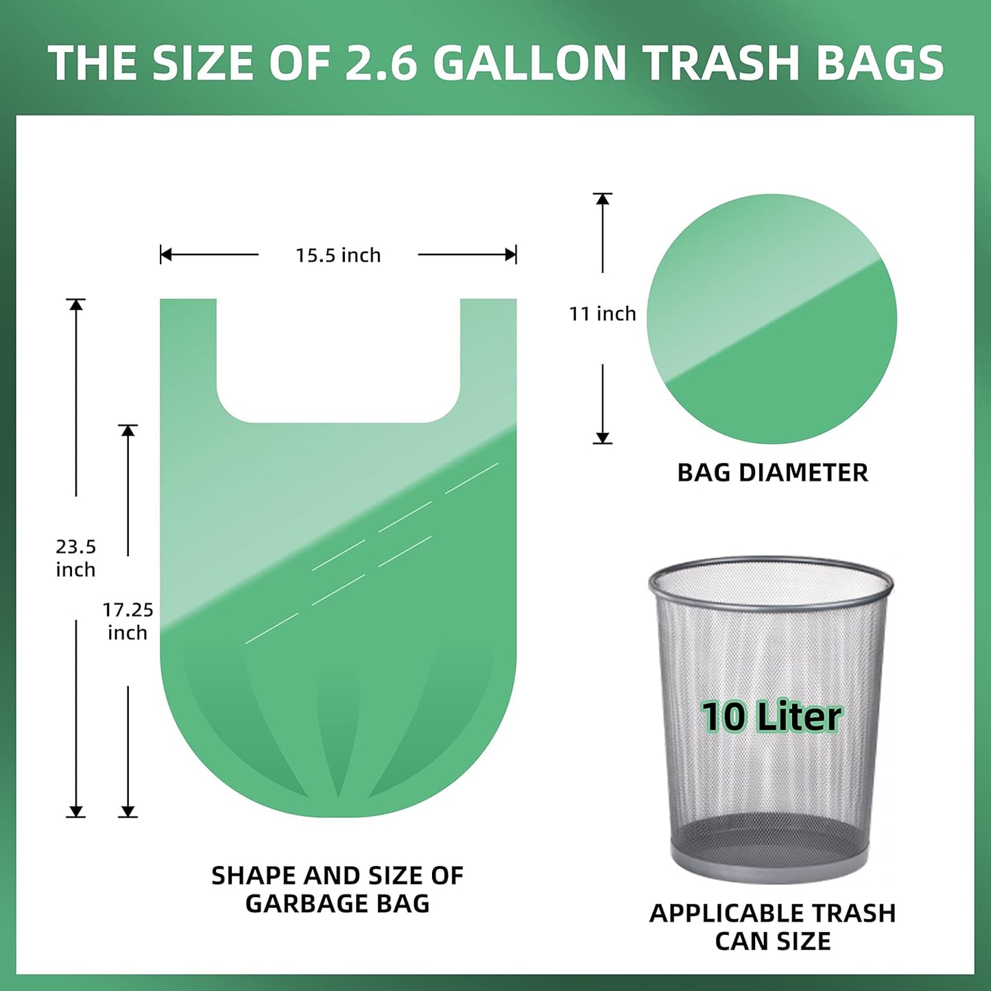 2.6 Gallon Trash Bag 150 Count, Unscented Strong Handle Tie Garbage Bags Fit 10 Litter Trash Can