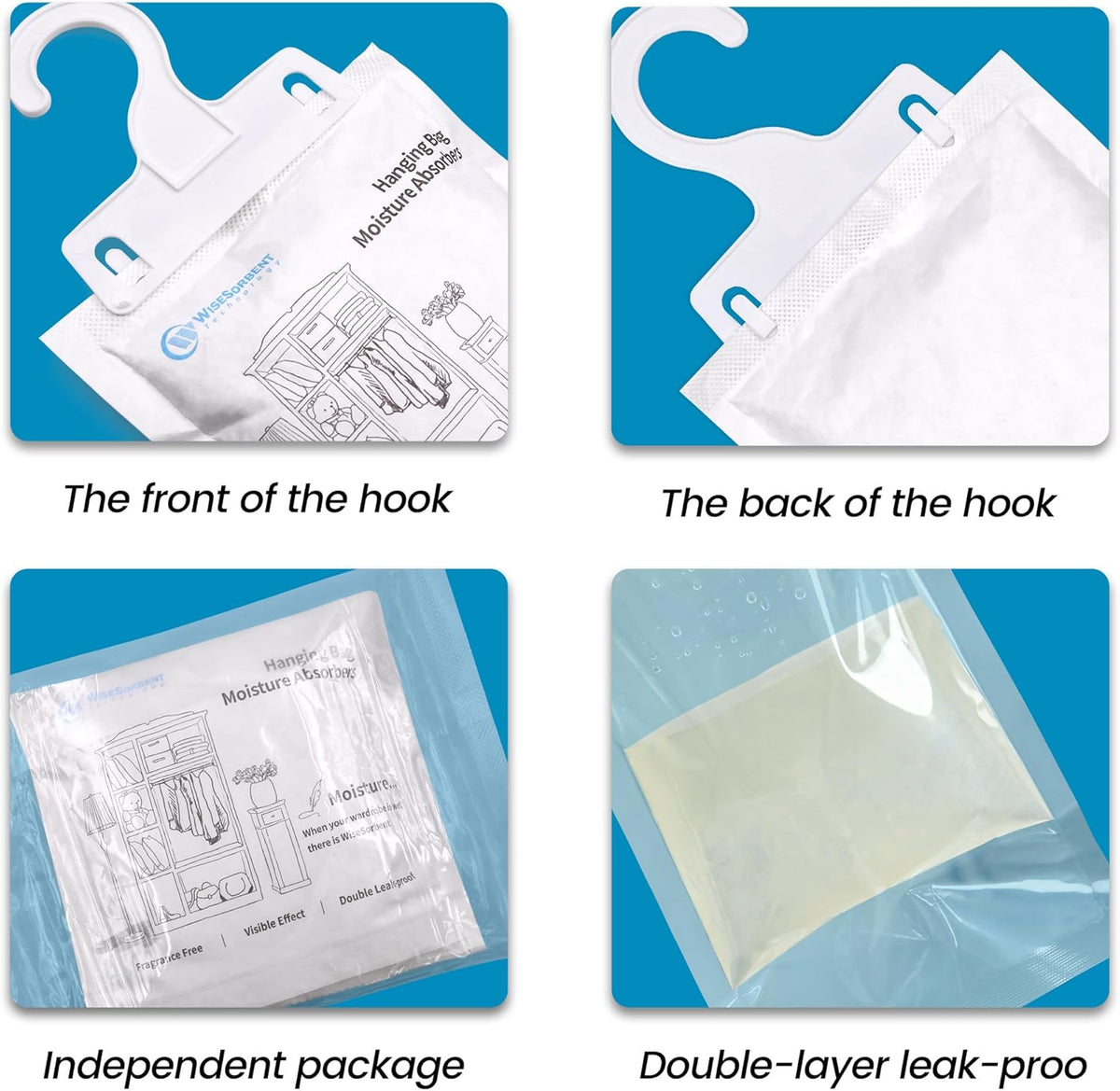 Moisture Absorber Hanging Bags 6 Pack - 7 oz Fragrance-Free Dehumidifier for Closet, Bathroom
