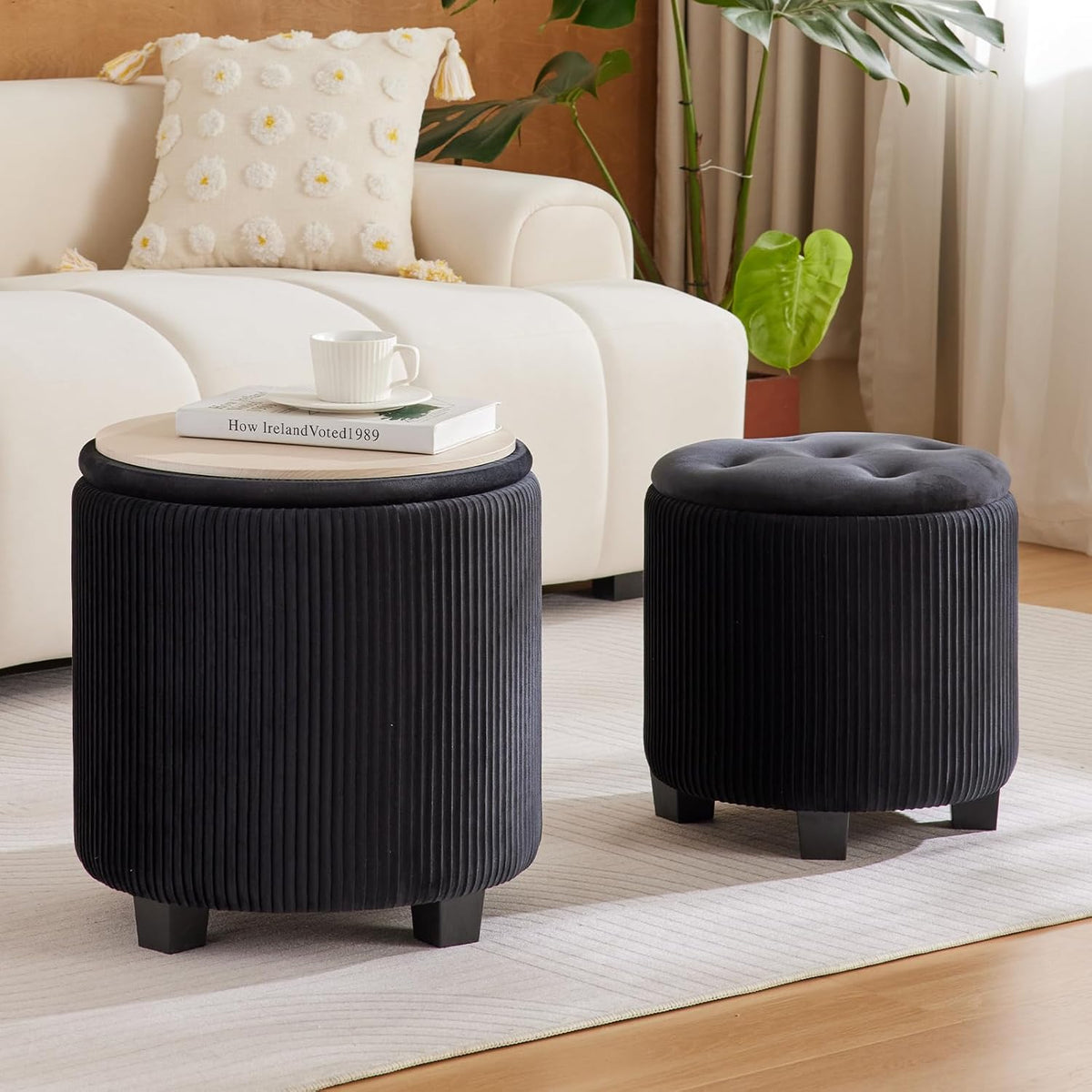 Big Round Ottoman with Storage Set of 2,Upholstered Velvet Vanity Stool for Makeup Multifunctional