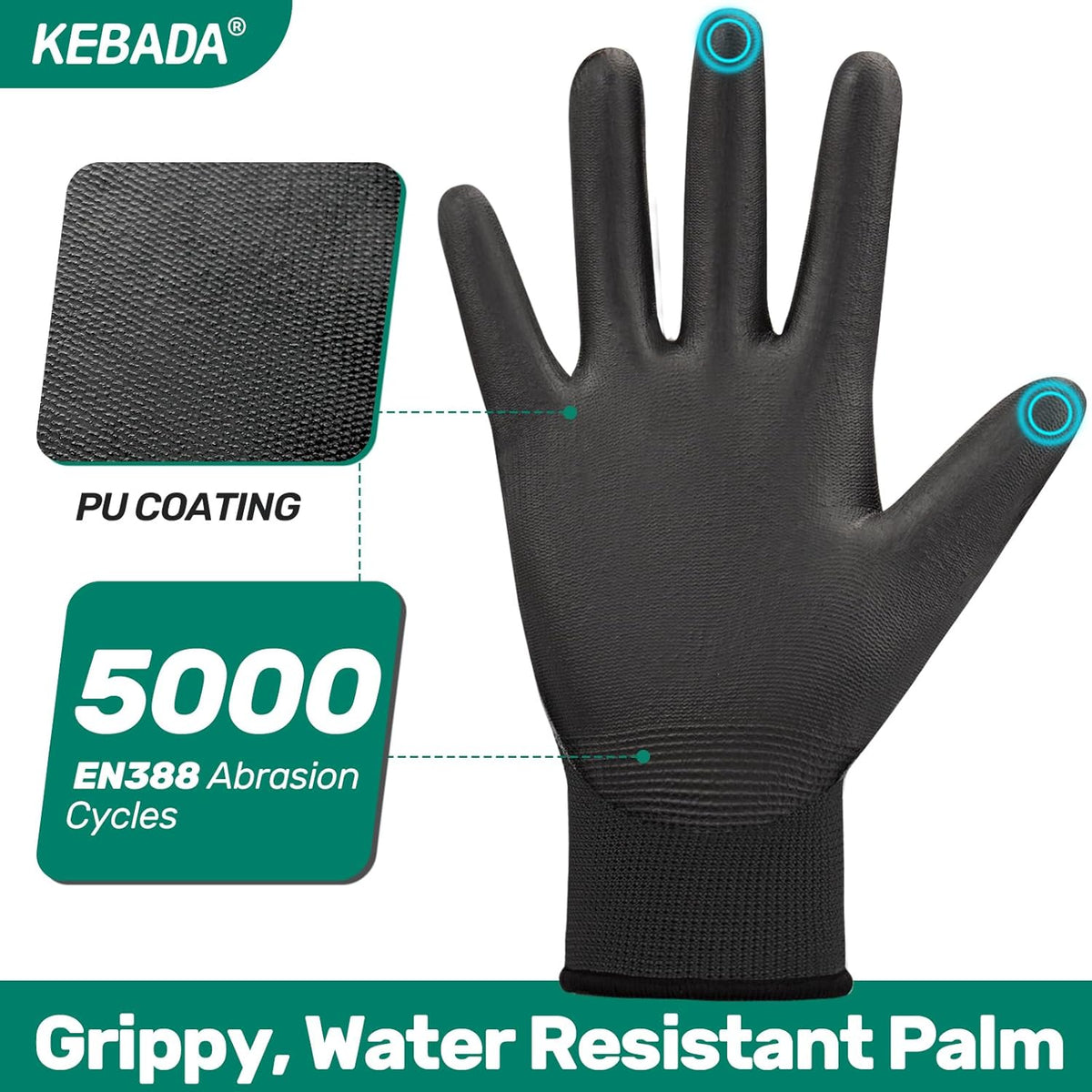 Kebada Safety Work Gloves,120 Pairs Bulk Pack, Touchscreen, PU Coated, Ideal for Warehouse