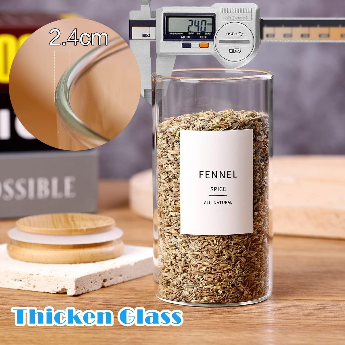 12 Pcs Glass Spice Jars With Bamboo Airtight Lids, 8oz Thicken(2.4mm) Spice Containers With 148
