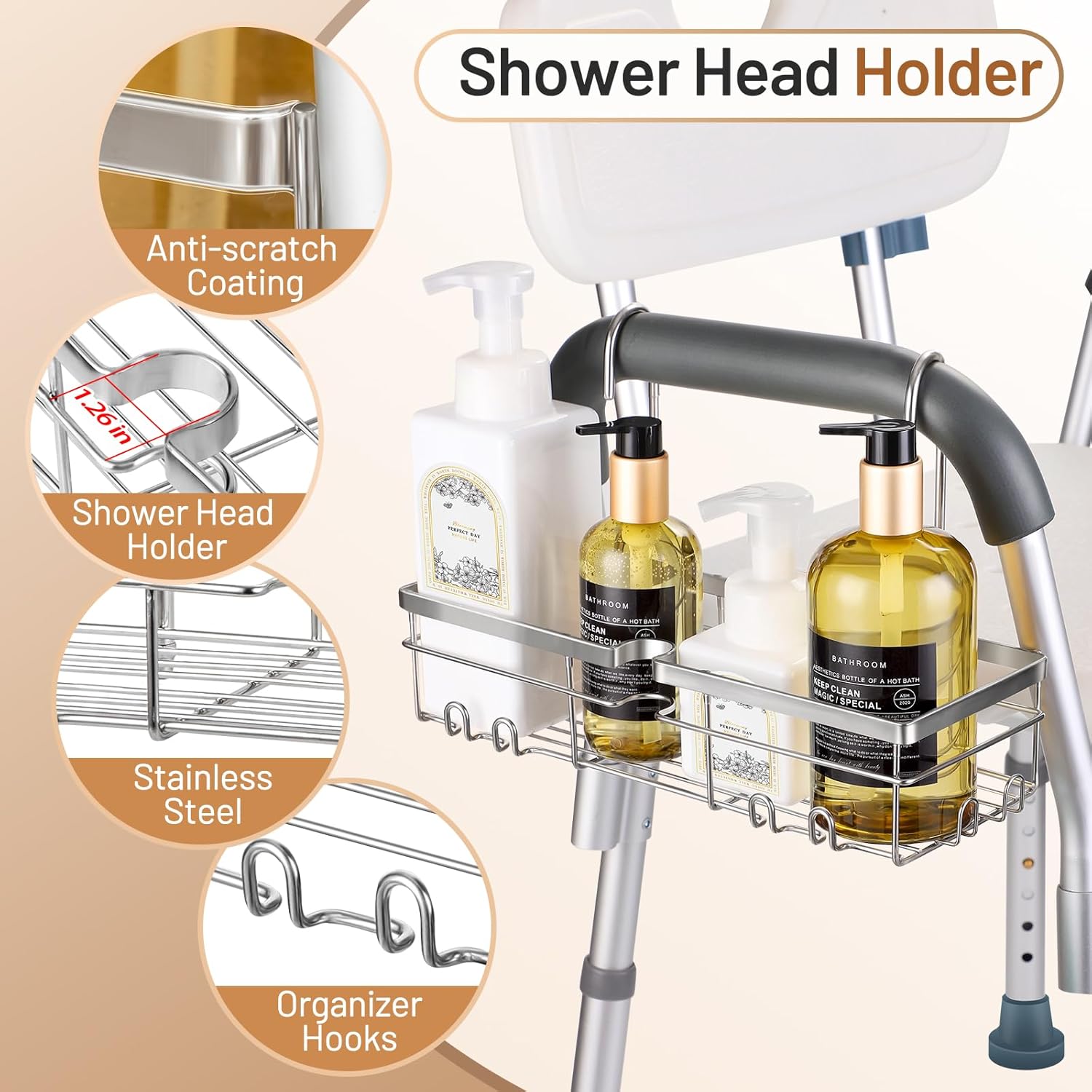DELLAN Hanging Shower Caddy, Shower Rack with Hooks for Shower & Bath Chair, Bathroom Shower Basket