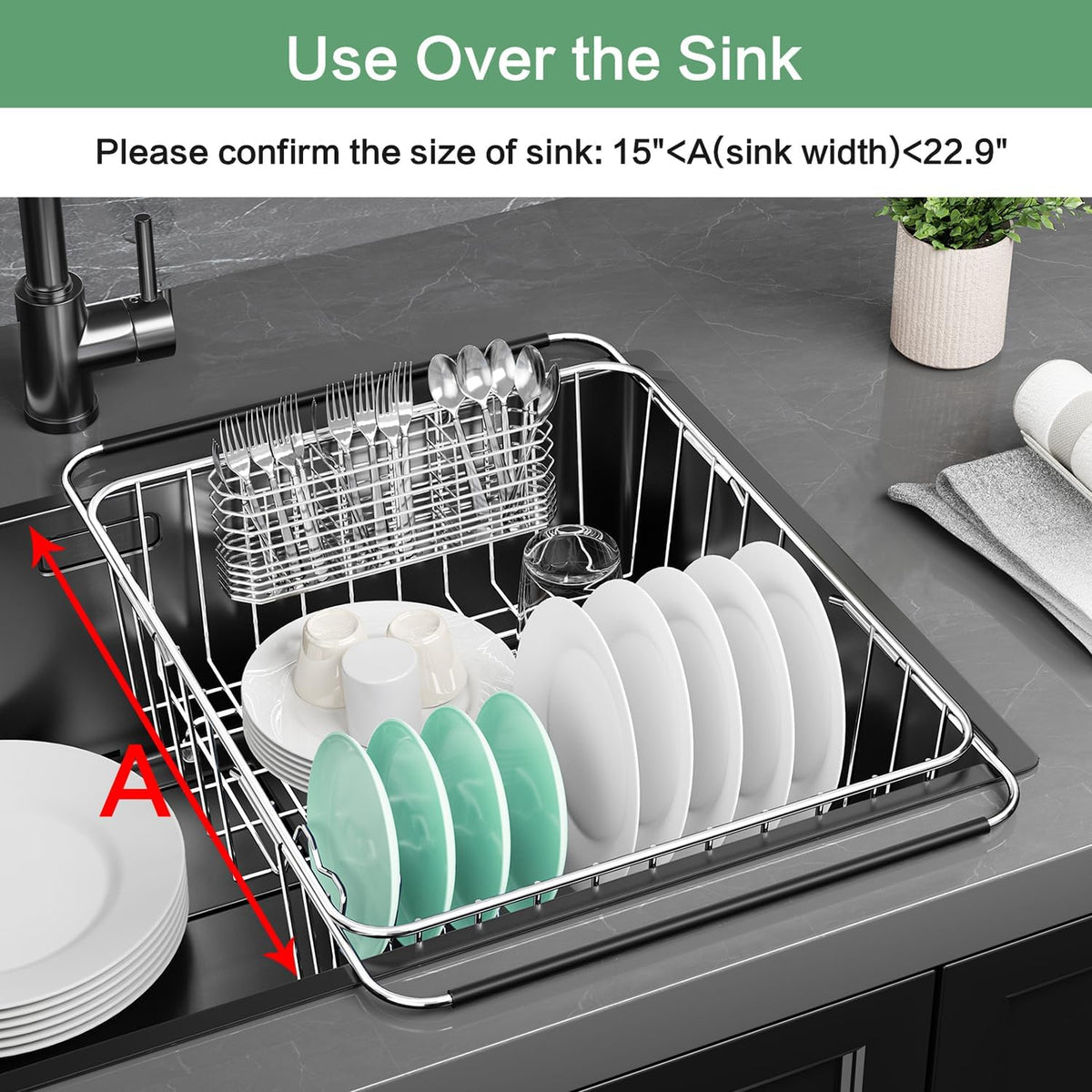 Large Dish Drainer Rack in Sink Adjustable, Expandable 304 Stainless Steel Metal Dish Drying Rack