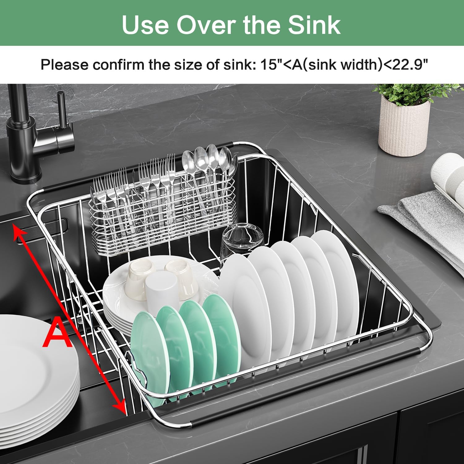 Large Dish Drainer Rack in Sink Adjustable, Expandable 304 Stainless Steel Metal Dish Drying Rack