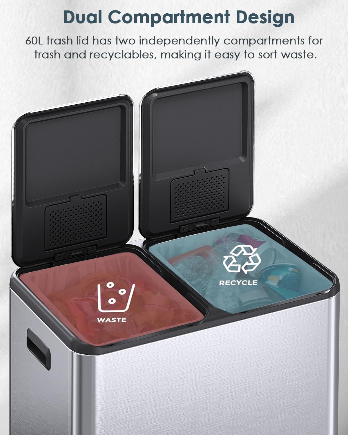 Arlopu 16Gal Dual Trash Can w/2 Built-in Box for Odor Control, Hands-Free Kitchen Garbage Bin