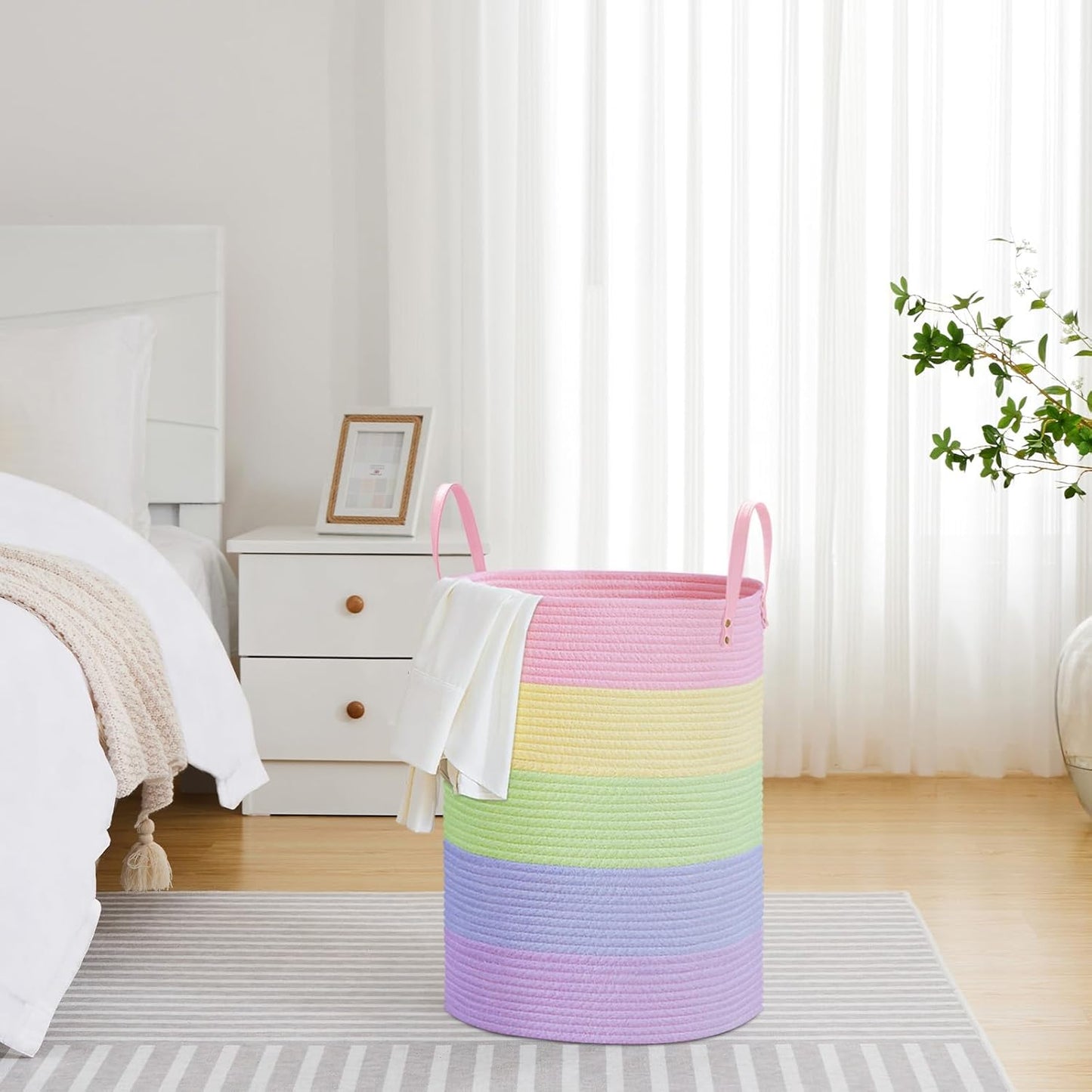 VIPOSCO Tall Laundry Basket, Large Dirty Clothes Hamper with Leather Handle, Woven Rope Storage