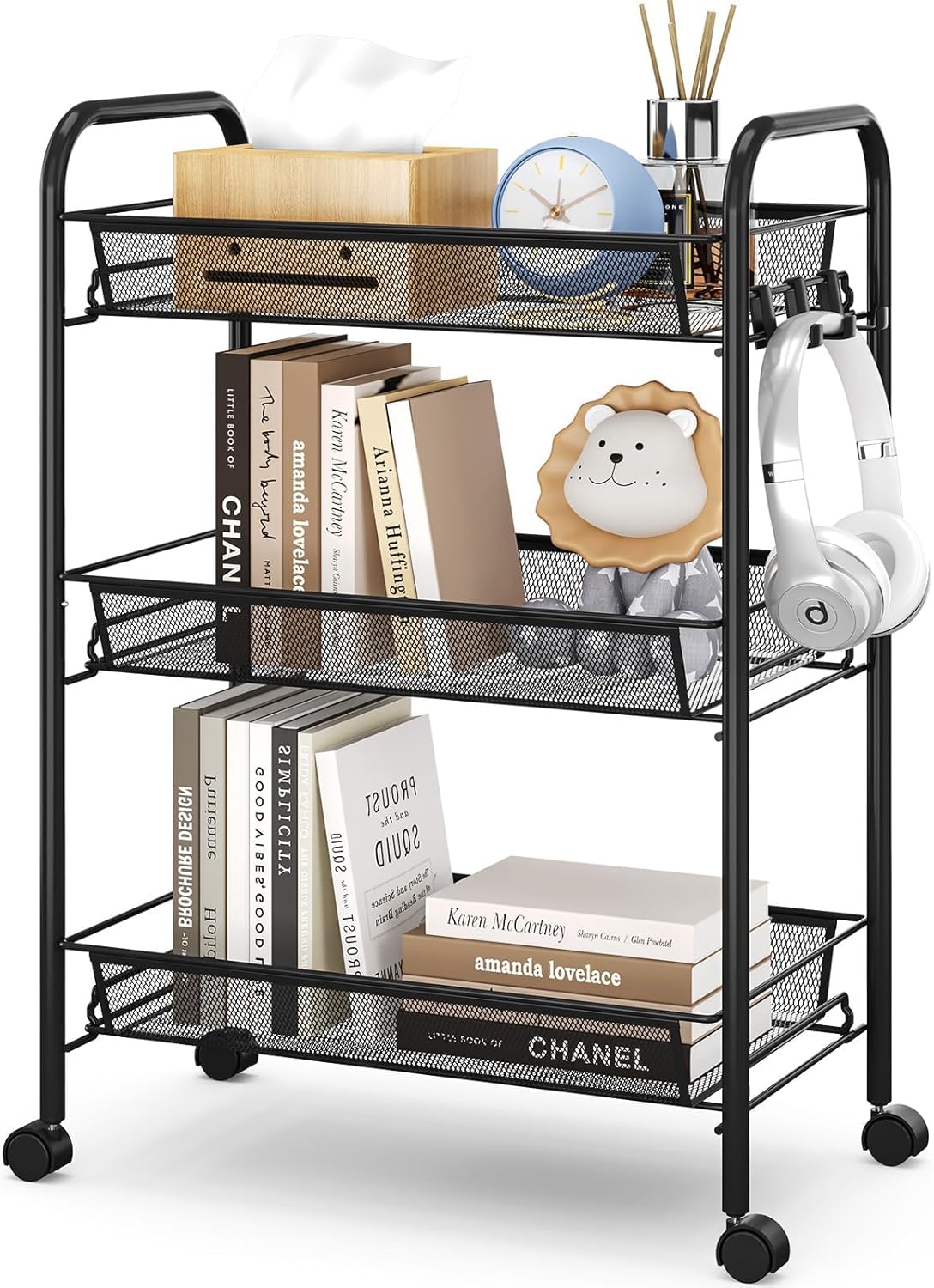 TOOLF 3-Tier Metal Rolling Cart, Mesh Wire Easy Assemble Utility Cart, Storage Trolley on Wheels
