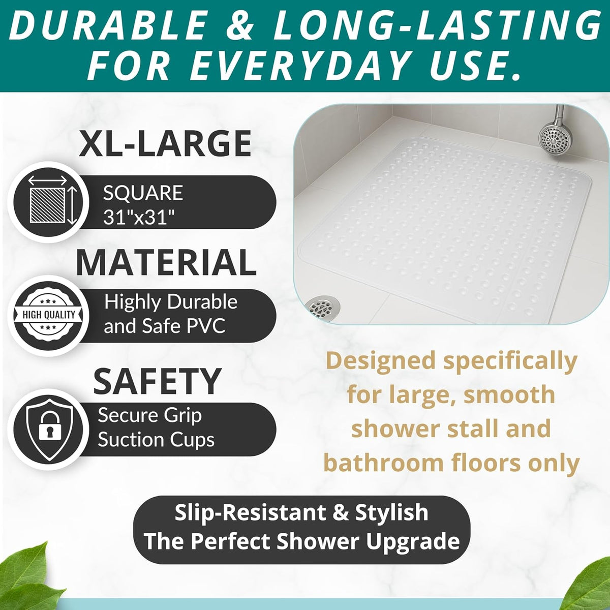 ENKOSI Extra Large Square Non Slip Shower Mat - 31 x 31-inch XL Bathroom Shower Mat - Square Shower