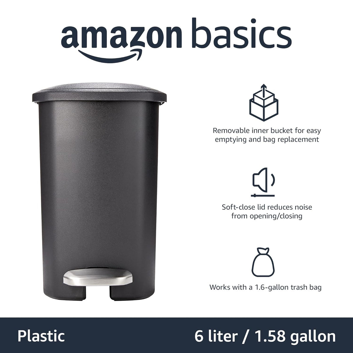 Amazon Basics Compact Plastic Bathroom Trash Can with Hands Free Foot Pedal, Quiet Close Step-On, 6