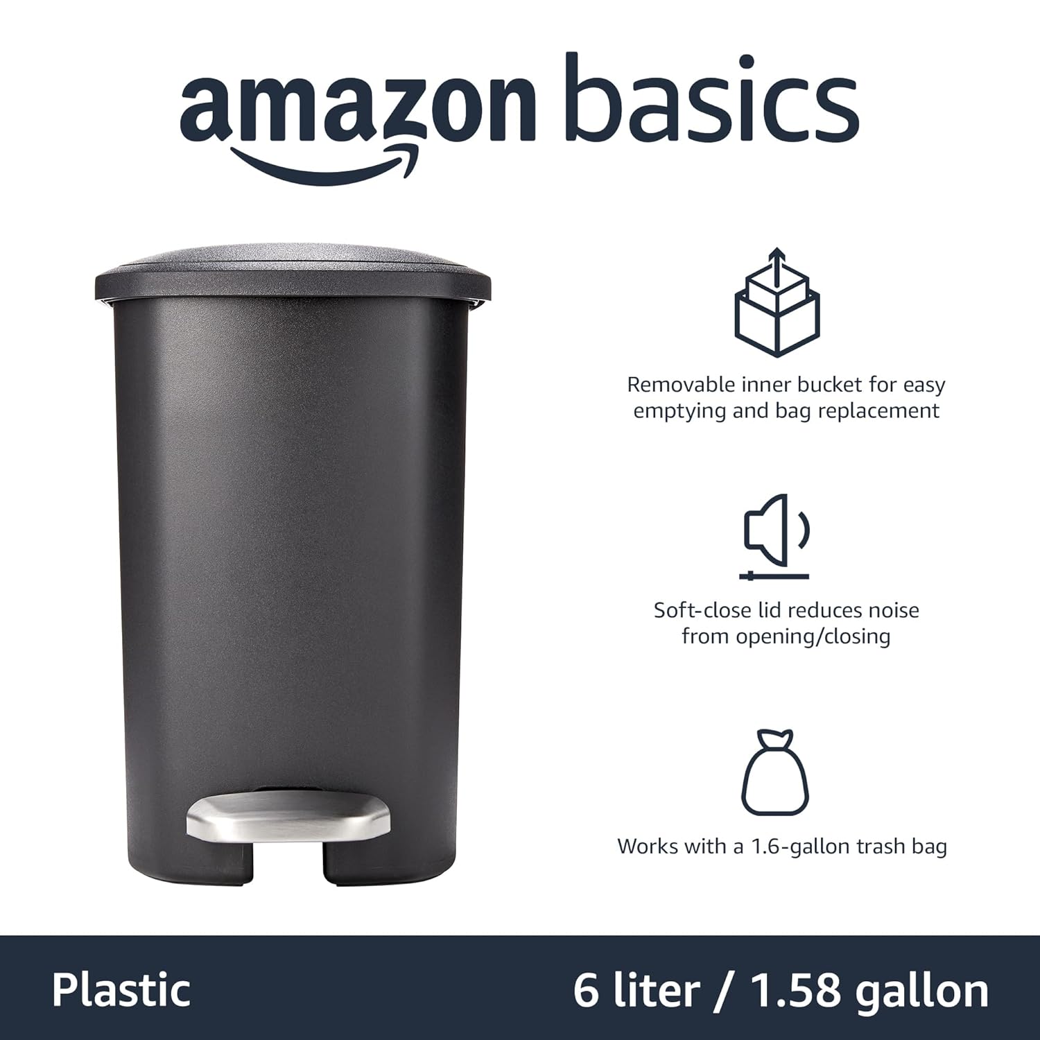 Amazon Basics Compact Plastic Bathroom Trash Can with Hands Free Foot Pedal, Quiet Close Step-On, 6