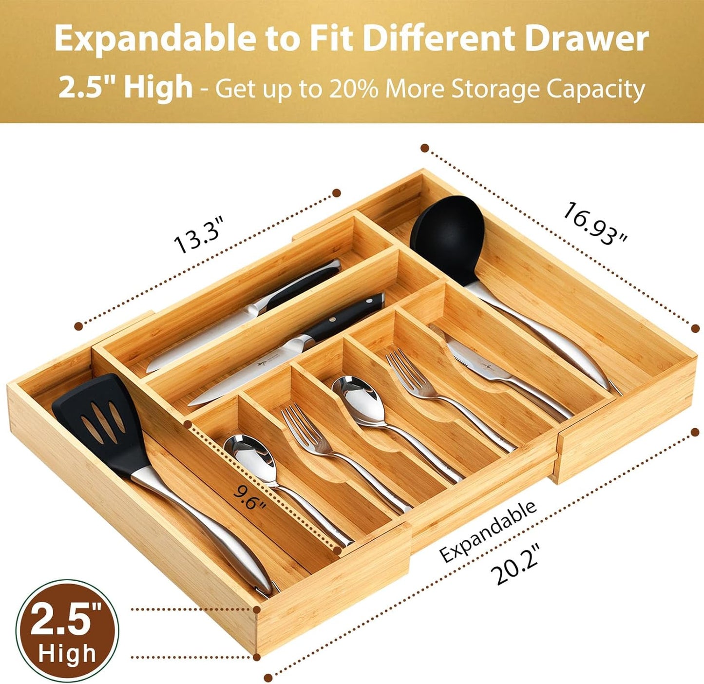 Umilife Large Expandable Kitchen Silverware Utensils Drawer Organizer, 2.5" Extra High Adjustable