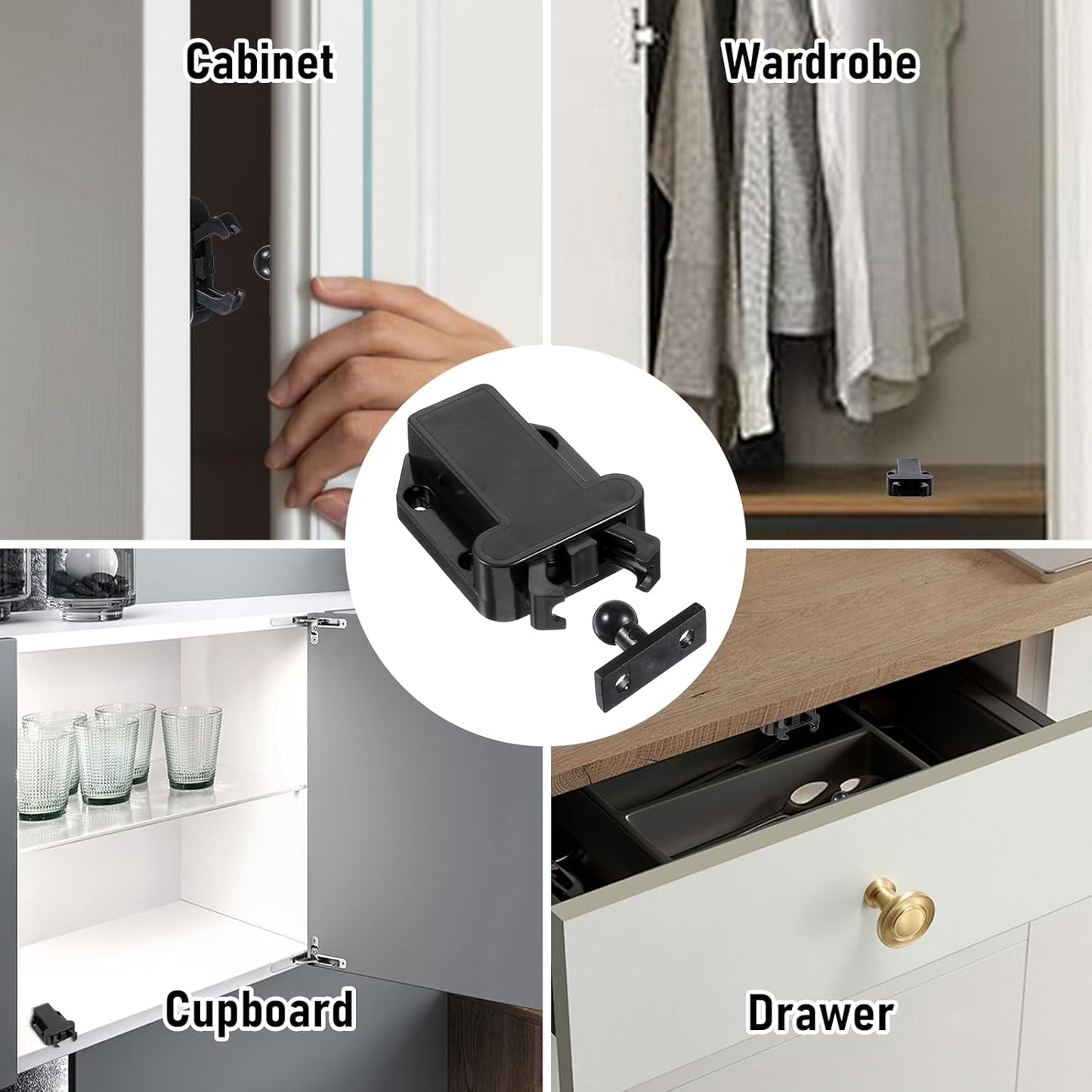 4Pack Push Latches for Cabinets, Push to Open Catch Lock,Safe Rebound Self-Locking Device Drawer