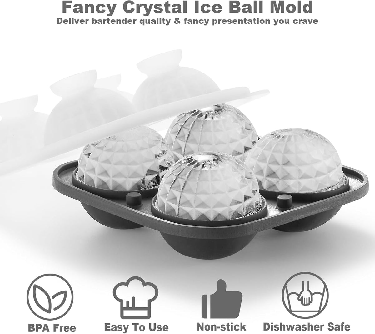 Nax Caki 3D Ball Crystal Ice Cube Tray, Large Ball Silicone Fun Shapes Whiskey Ice Mold with Funnel