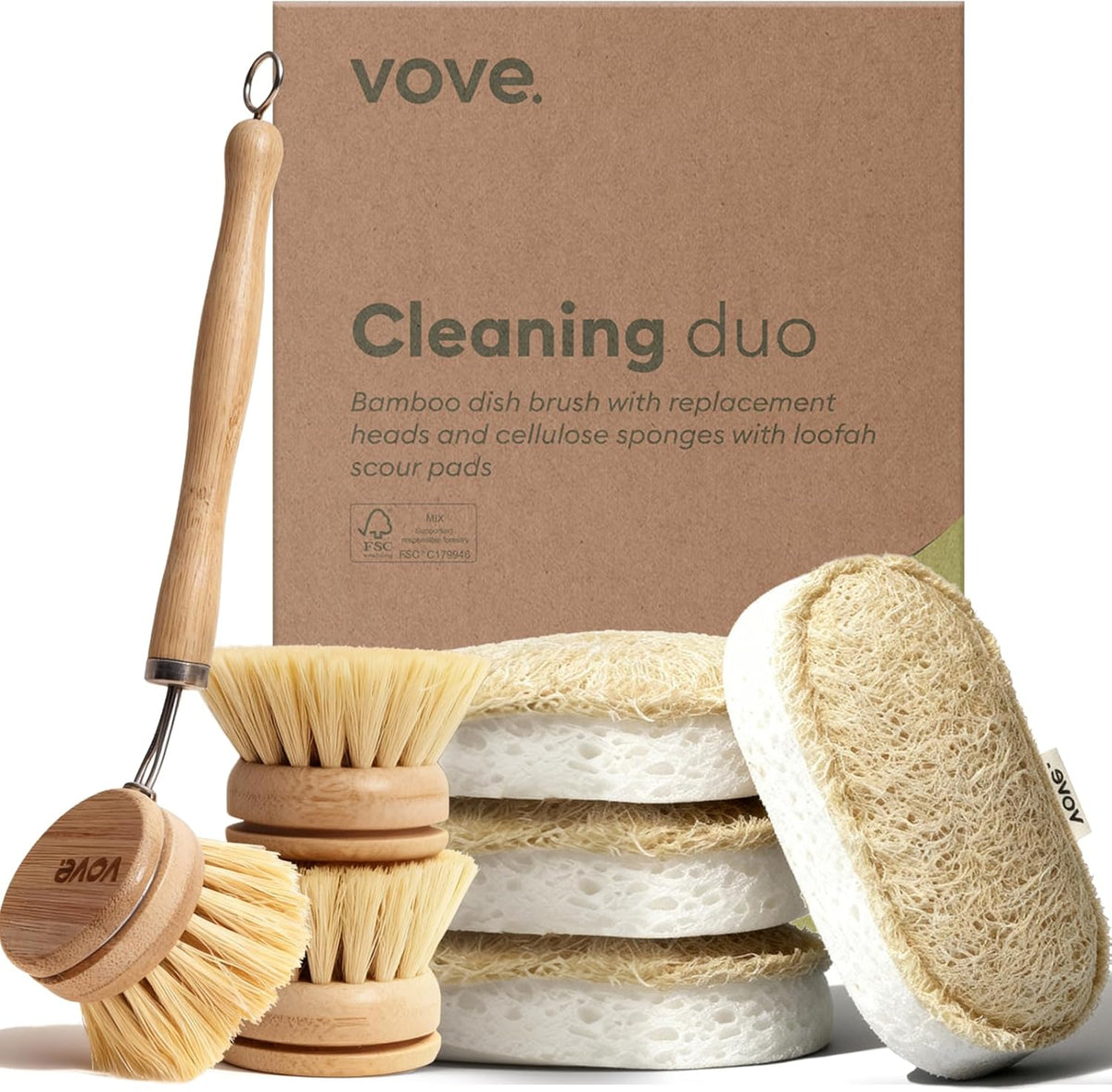 Vove Cleaning Duo, Bamboo Dish Brush Set and Natural Dish Sponges, FSC-Certified Bamboo, Sisal