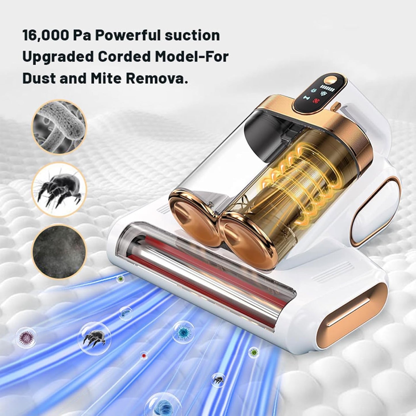 Bed Vacuum Cleaner, 16Kpa Mattress Vacuum Cleaner with 253.7nm UV-C Light 48000 RPM/Min Brushroll &