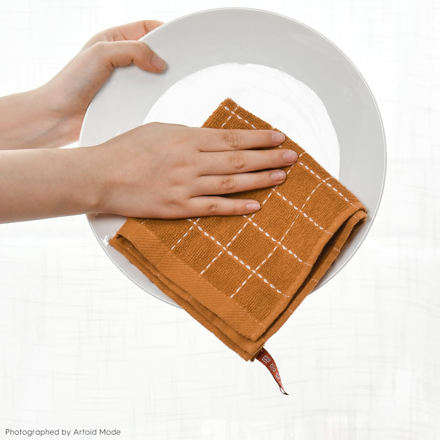 Artoid Mode Checkered Designed Cotton Beige Caramel Terry Kitchen Dish Cloths, 12x12 Inch Soft