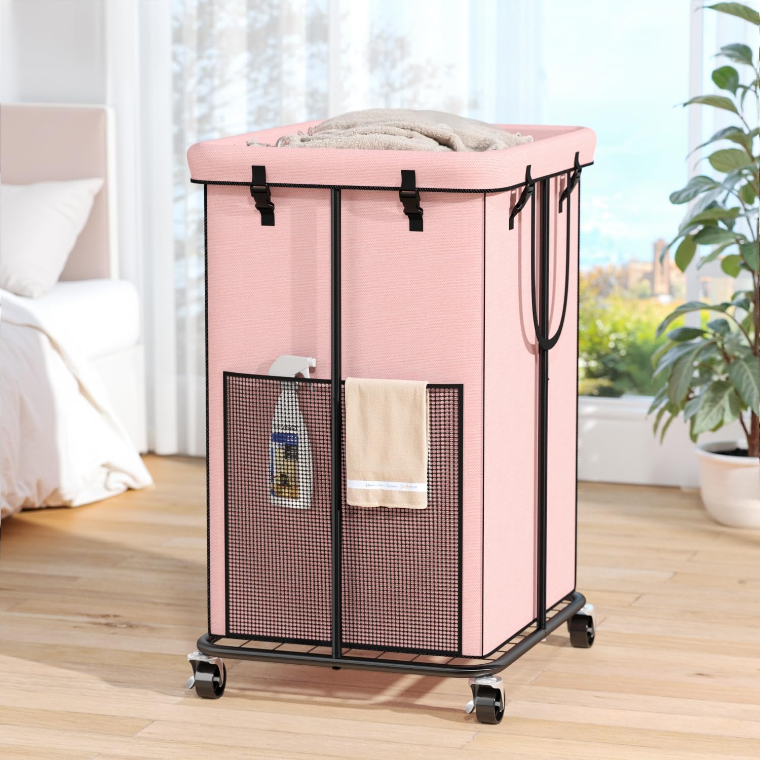 150L Laundry Hamper with Wheels, Rolling Laundry Basket with Metal Frame and Removable Bag, Large &