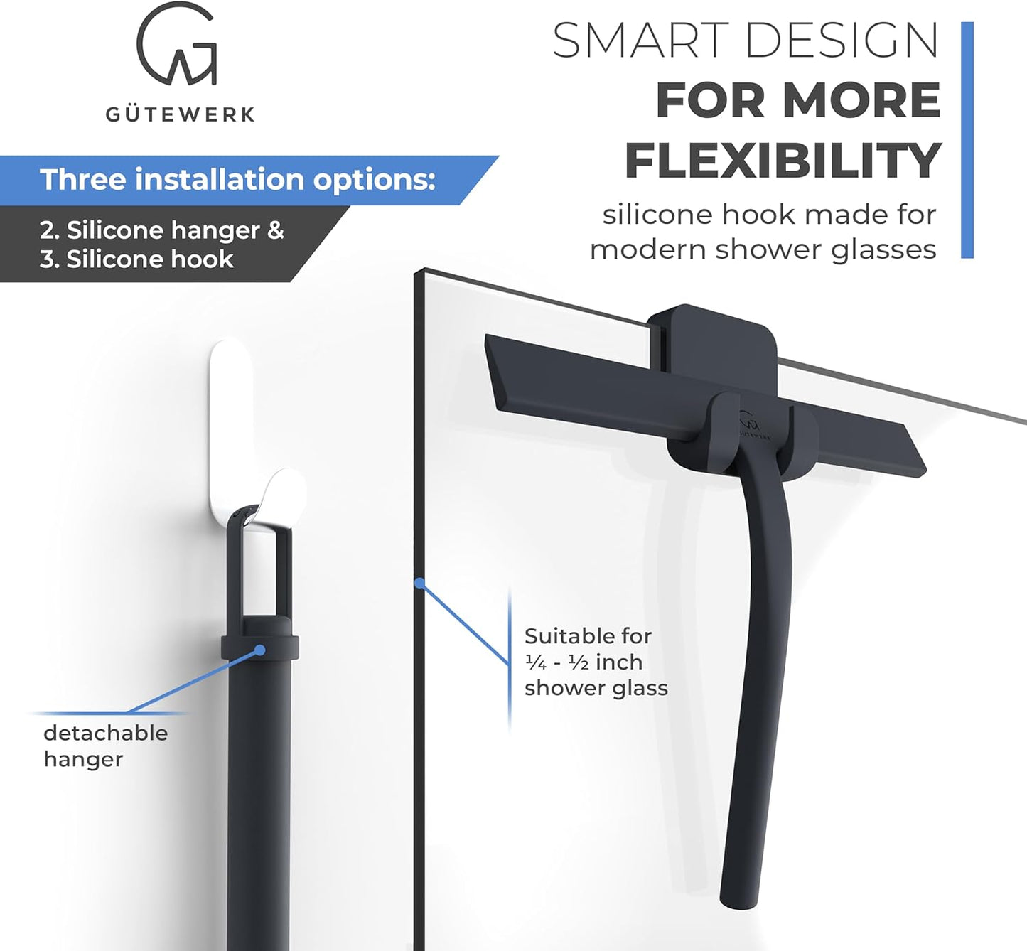 GÜTEWERK Shower Squeegee for Glass Doors, Silicone Window Squeegee, Bathroom and Glass Cleaning