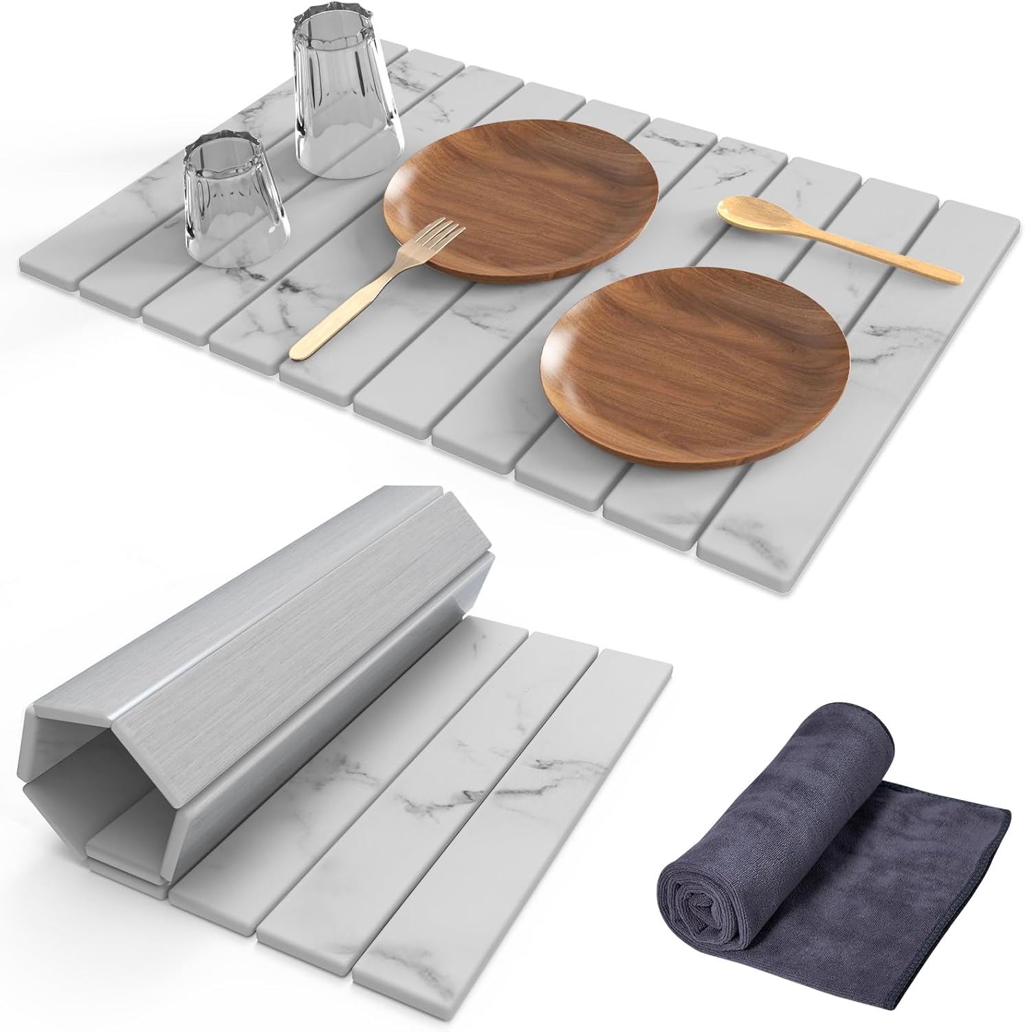 Stone Dish Drying Mat for Kitchen Counter,24"(L)×16"(W) Collapsible Fast-Drying Diatomaceous Earth