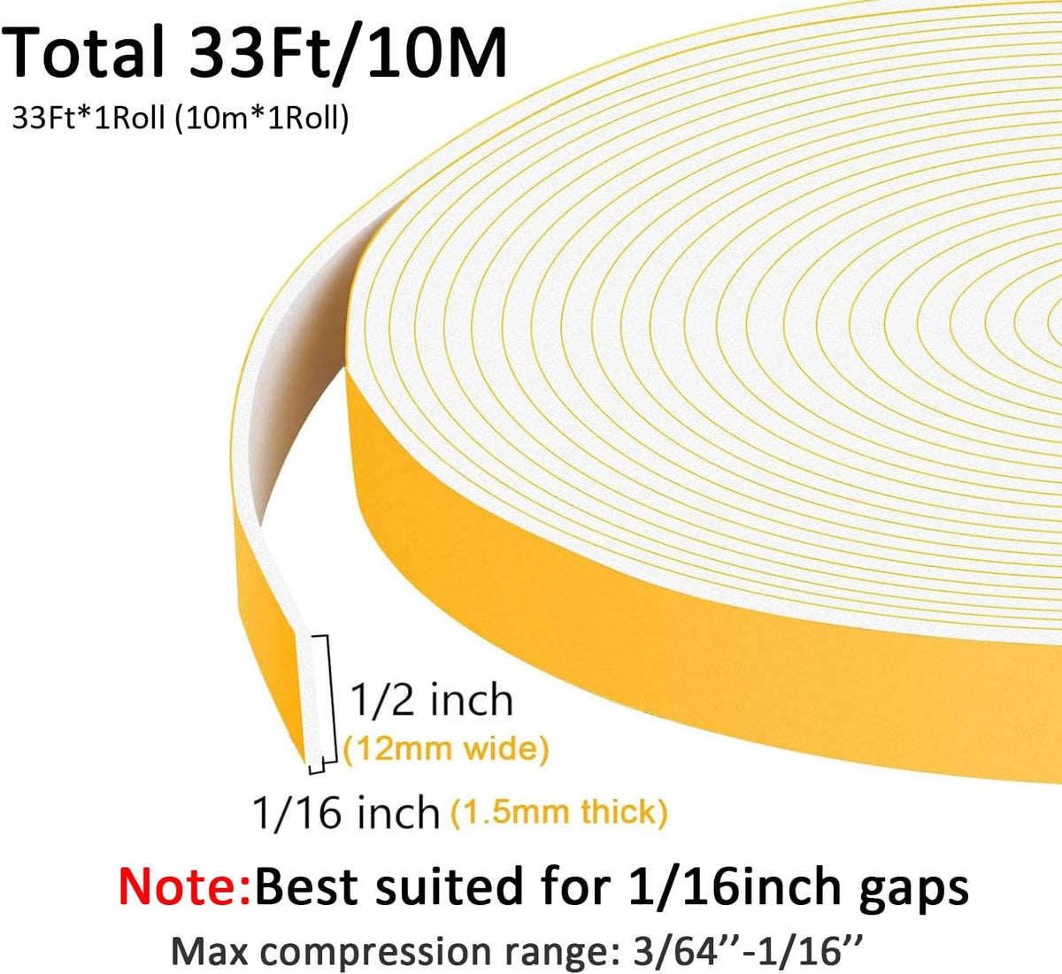 White Strong Adhesive Seal Foam Tape, Weather Stripping for Door and Window, Seal Gasket for
