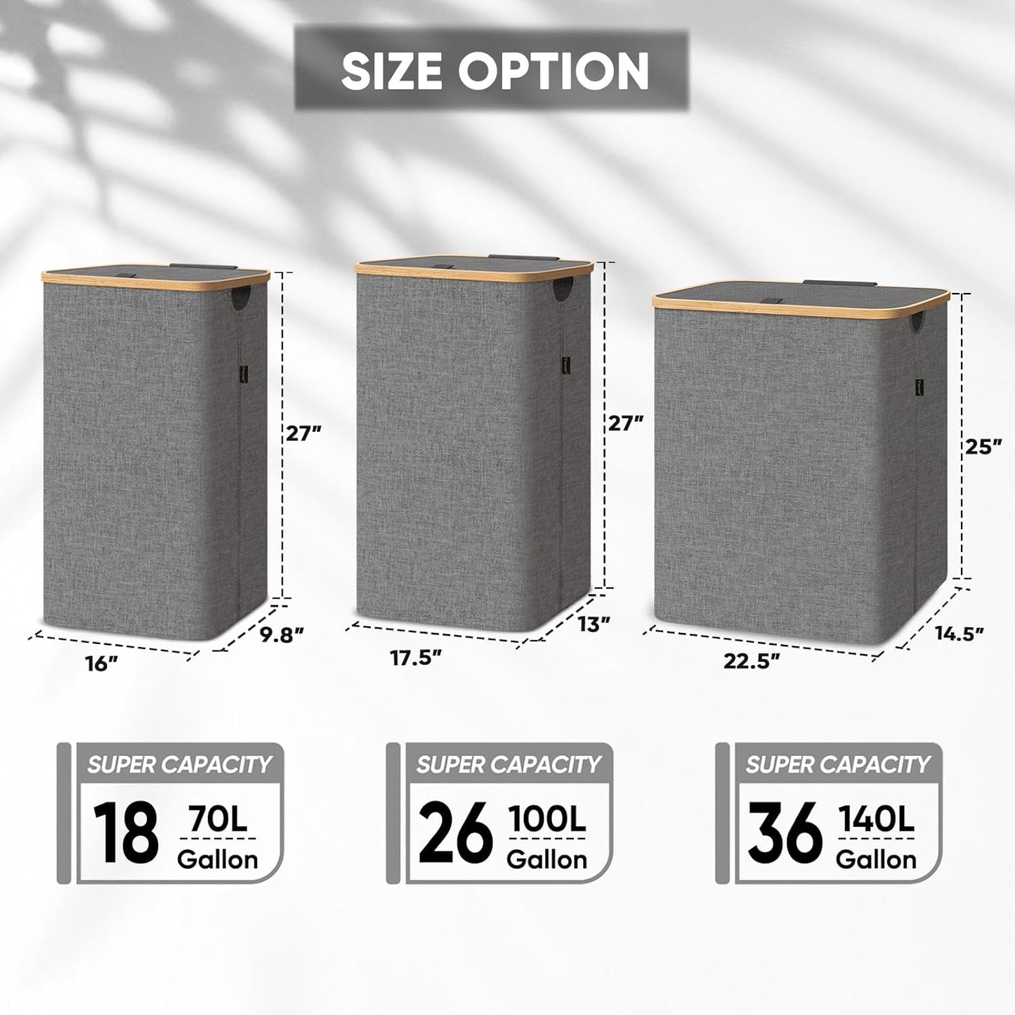 BALEINE Laundry Hamper with Lid, Tall Laundry Baskets with Bamboo Pull Handles, Large Laundry Bin