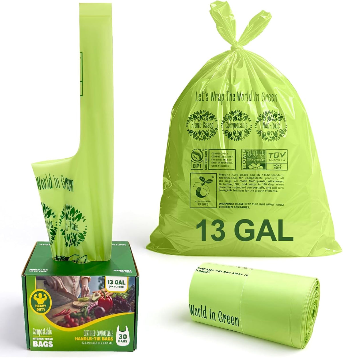 10-13 Gallon Compostable Trash Bags Handle-Tie, Heavy Duty Thick 0.87 Mil, 49.21 Liter, 30 Bags