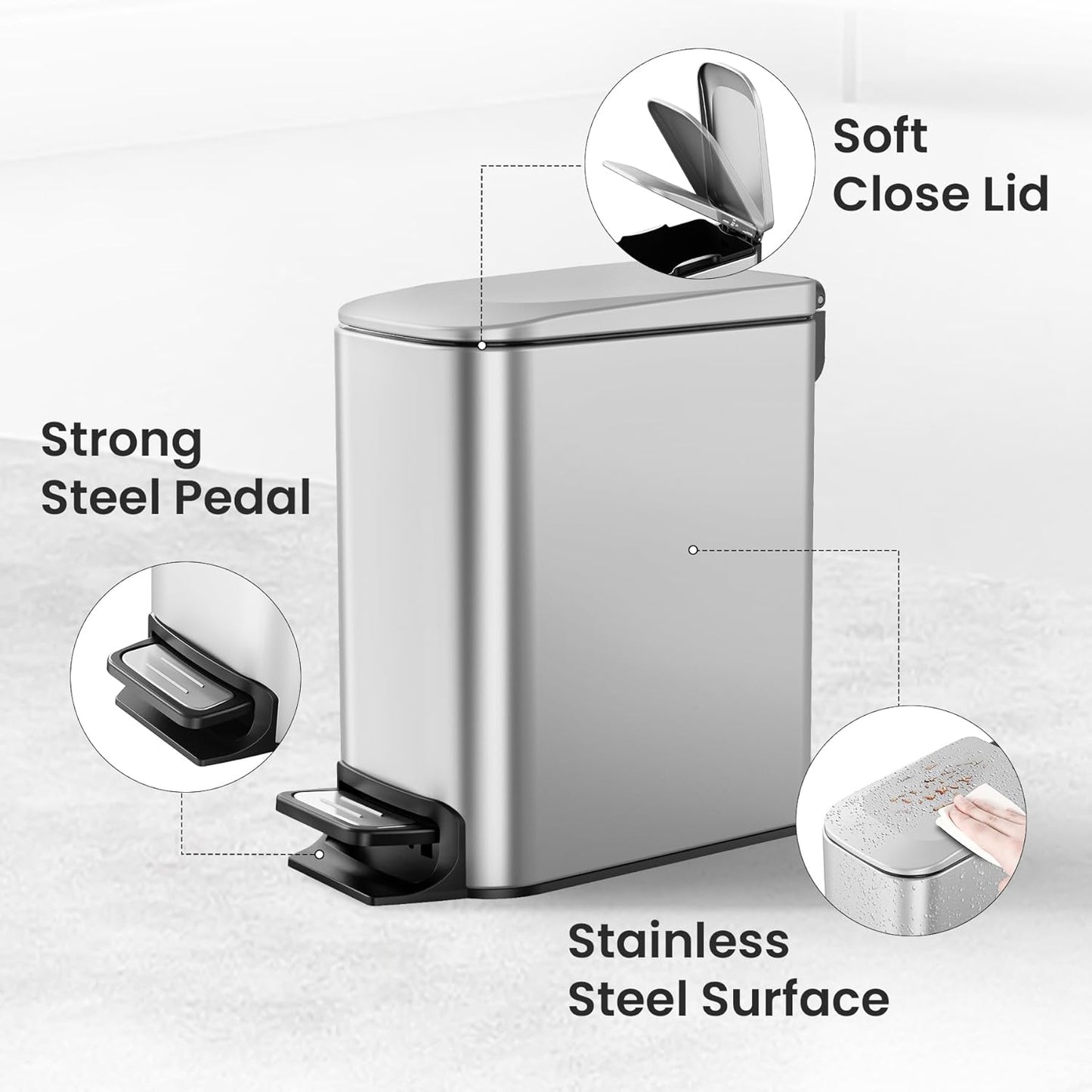 Cesun Small Bathroom Trash Can with Lid Soft Close, Step Pedal, 6 Liter / 1.6 Gallon Stainless