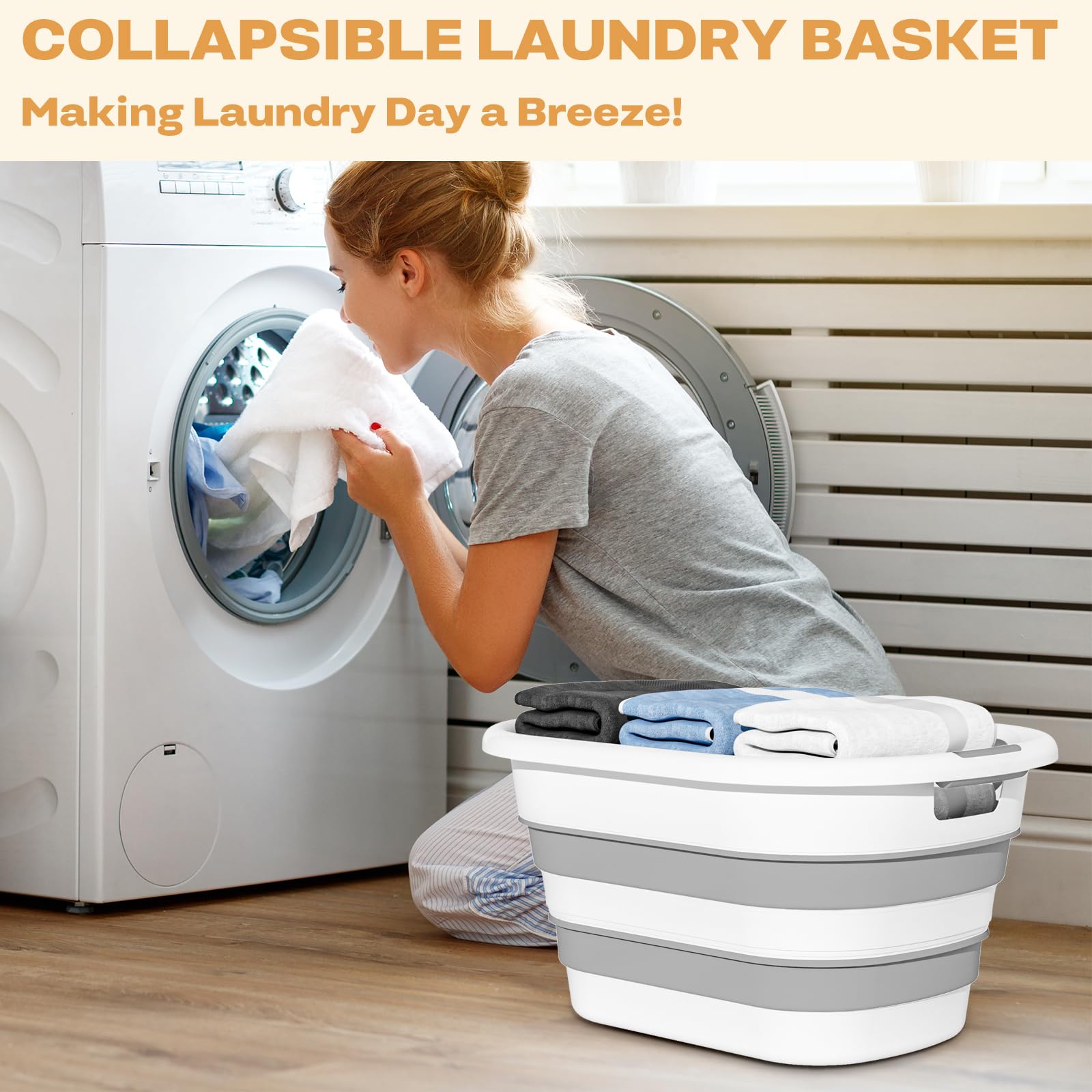 43L(11.5Gallon) Collapsible Laundry Baskets Plastic (Grey, 2 Packs)