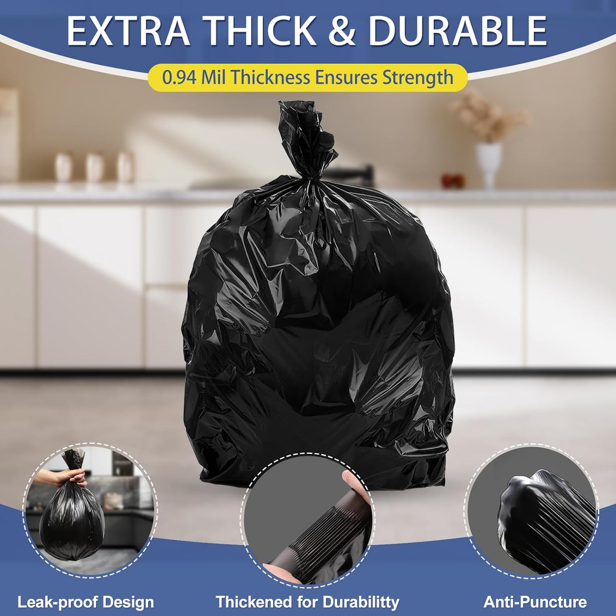 8 Gallon Trash Bags Heavy Duty - 30 Liters Black Garbage Bags,0.94 Mil Thick,220 Count,Medium