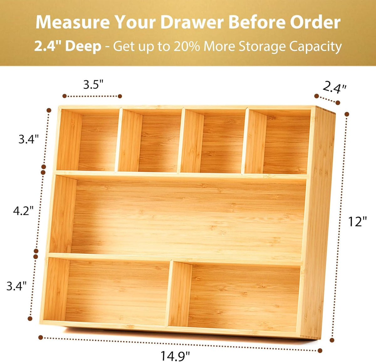 Umilife Large Bamboo Desk Drawer Organizer, Wood Junk Organizer Tray with Adjustable Dividers