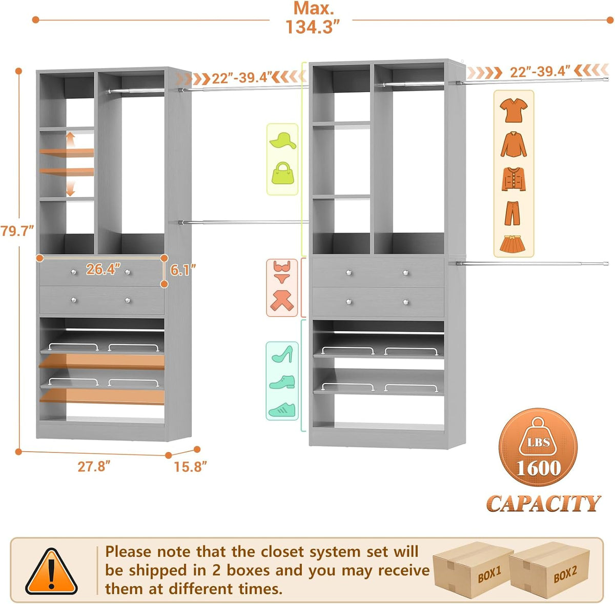 Closet System, Up to 134"/11.2 FT Closet Organizer with 4 Wooden Drawers and Shelves, Walk-in