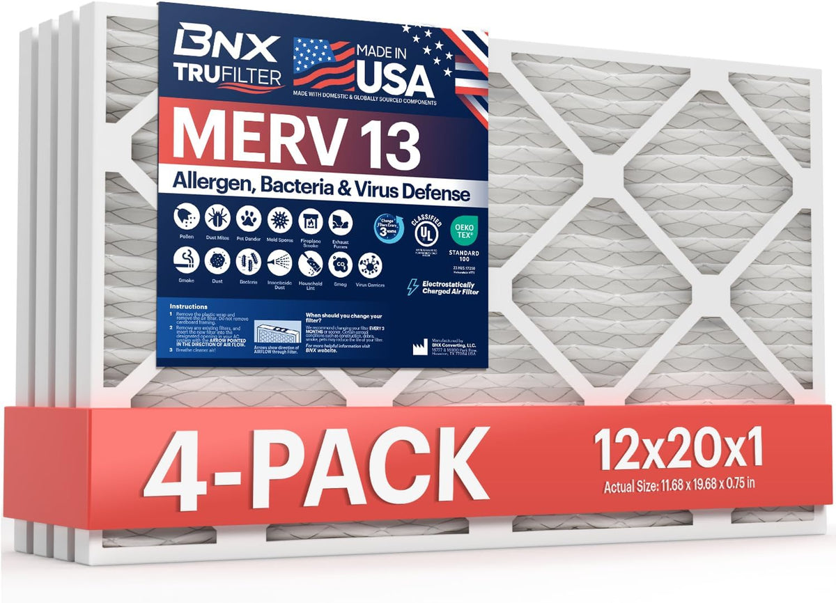 BNX TruFilter 12x20x1 Air Filter MERV 13 4-Pack) - MADE IN USA - Electrostatic Pleated Air