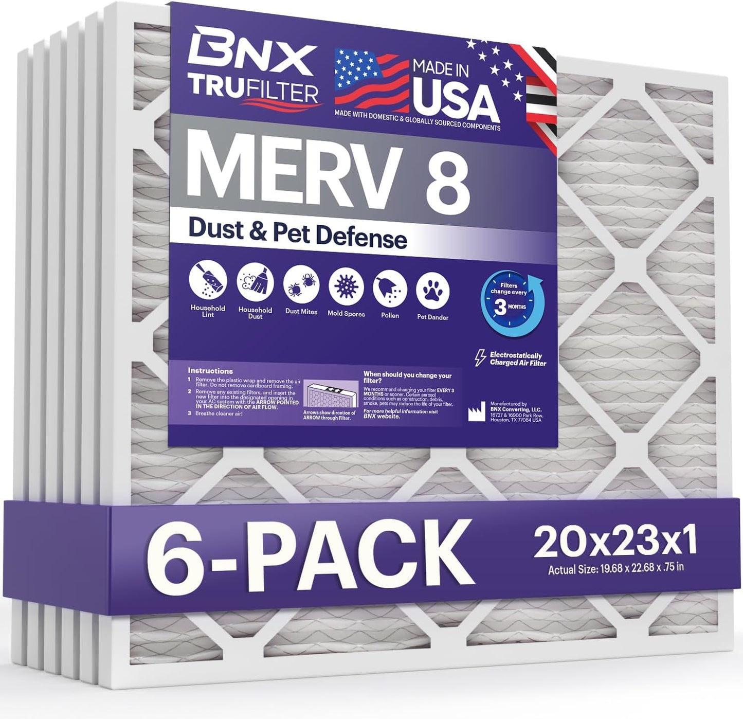 BNX TruFilter 20x23x1 Air Filter MERV 8 (6-Pack) - MADE IN USA – Dust & Pet Defense Electrostatic