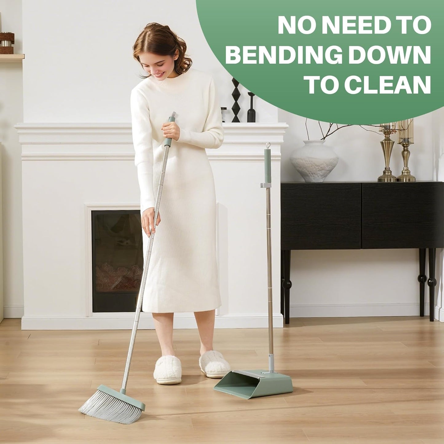JOYMOOP Dark Teal Green Broom and Dustpan Set with 56” Handle, Upright Angle with Comb Teeth for
