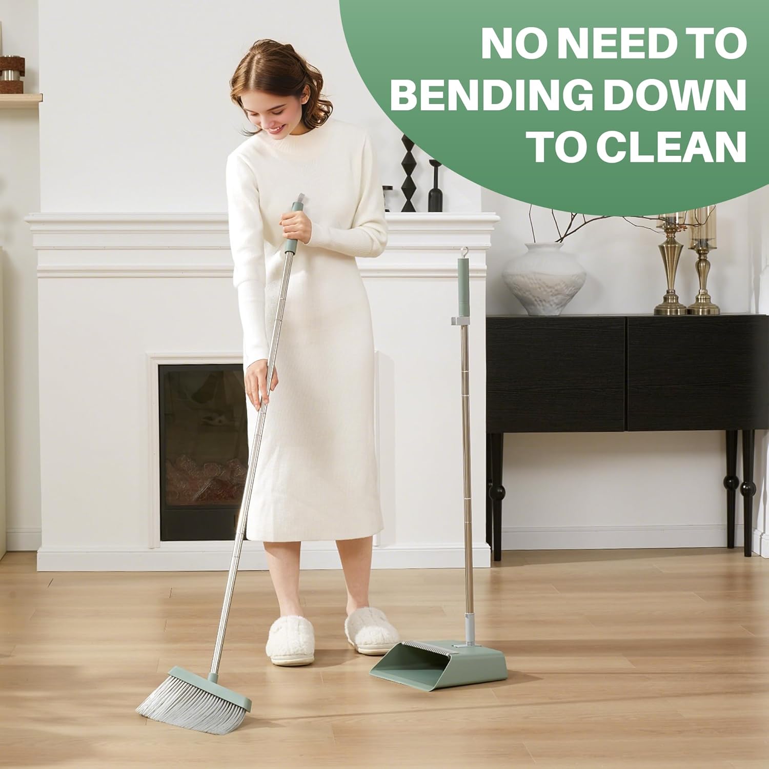 JOYMOOP Dark Teal Green Broom and Dustpan Set with 56” Handle, Upright Angle with Comb Teeth for