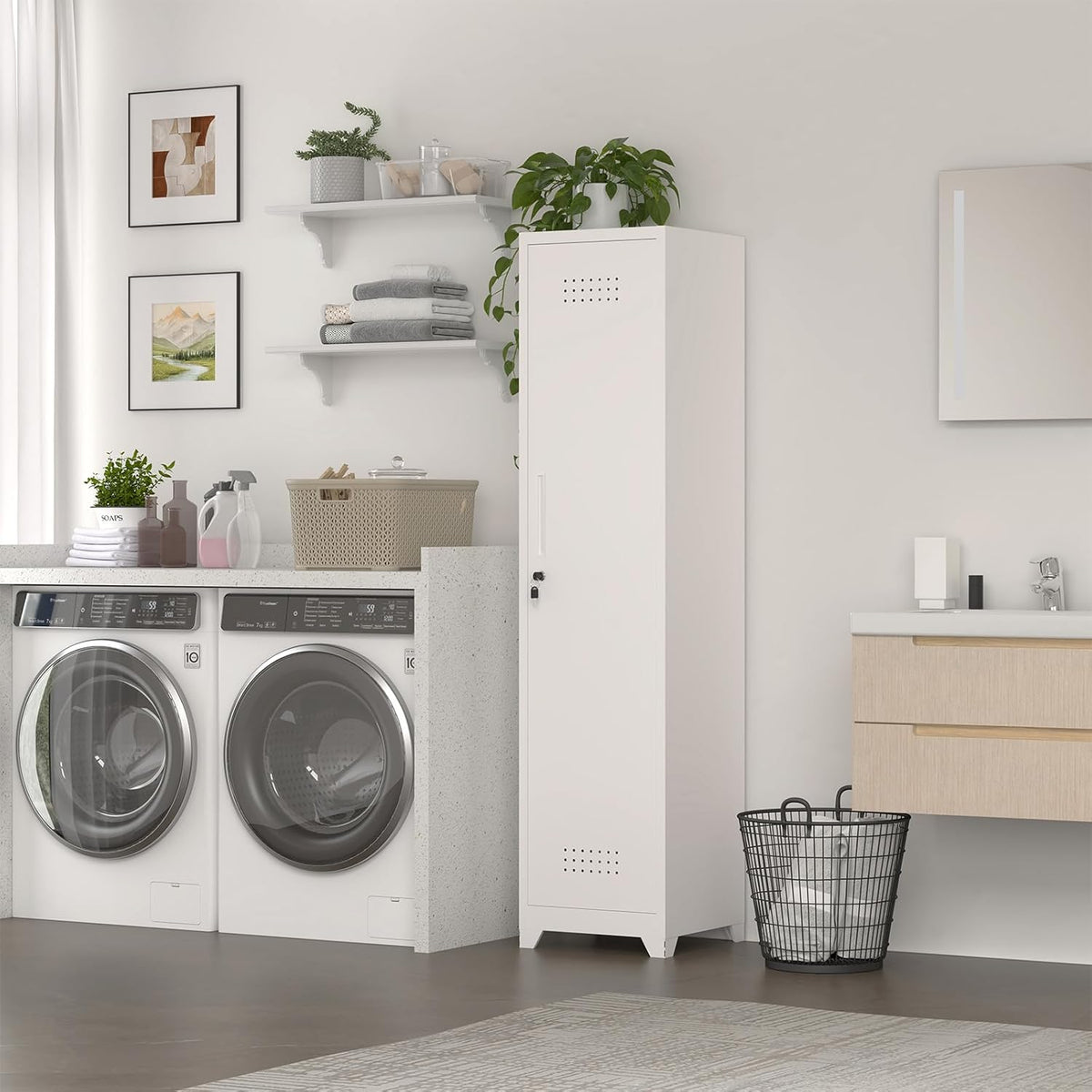 Slim Broom Storage Cabinets, Metal Cabinet with Shelves and Hanging Rod, 65" Utility Storage