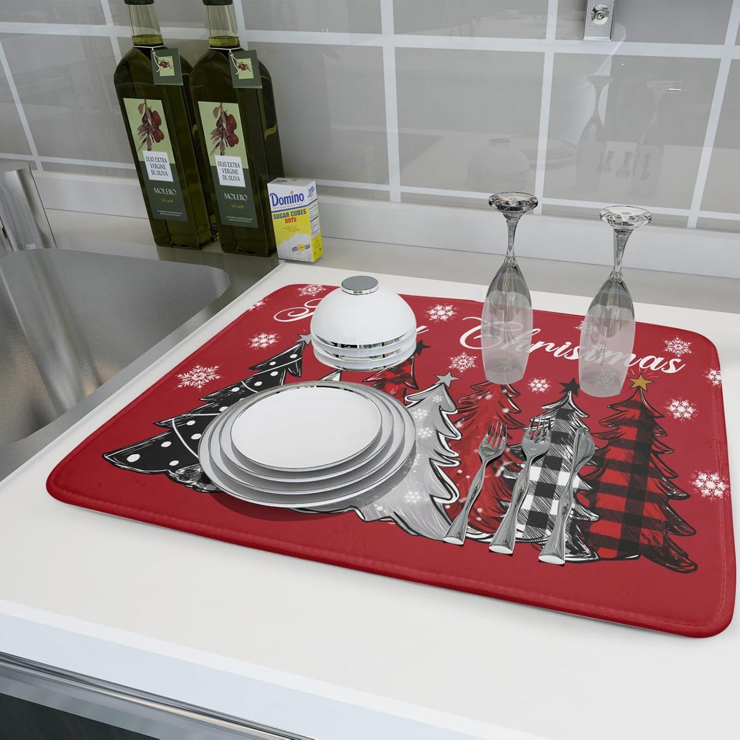 Merry Christmas Dish Drying Mats for Kitchen Counter 18x16 Inch Christmas Tree Snowflake Mat Xmas