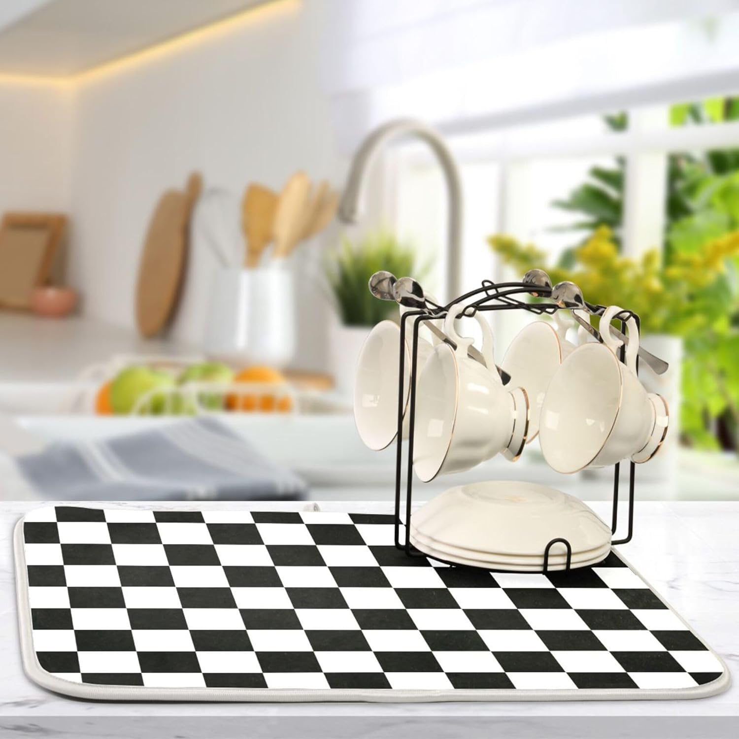 Black White Chessboard Dish Drying Mat for Kitchen Countertop 16x18 Plaid Checkered Rectangle Small