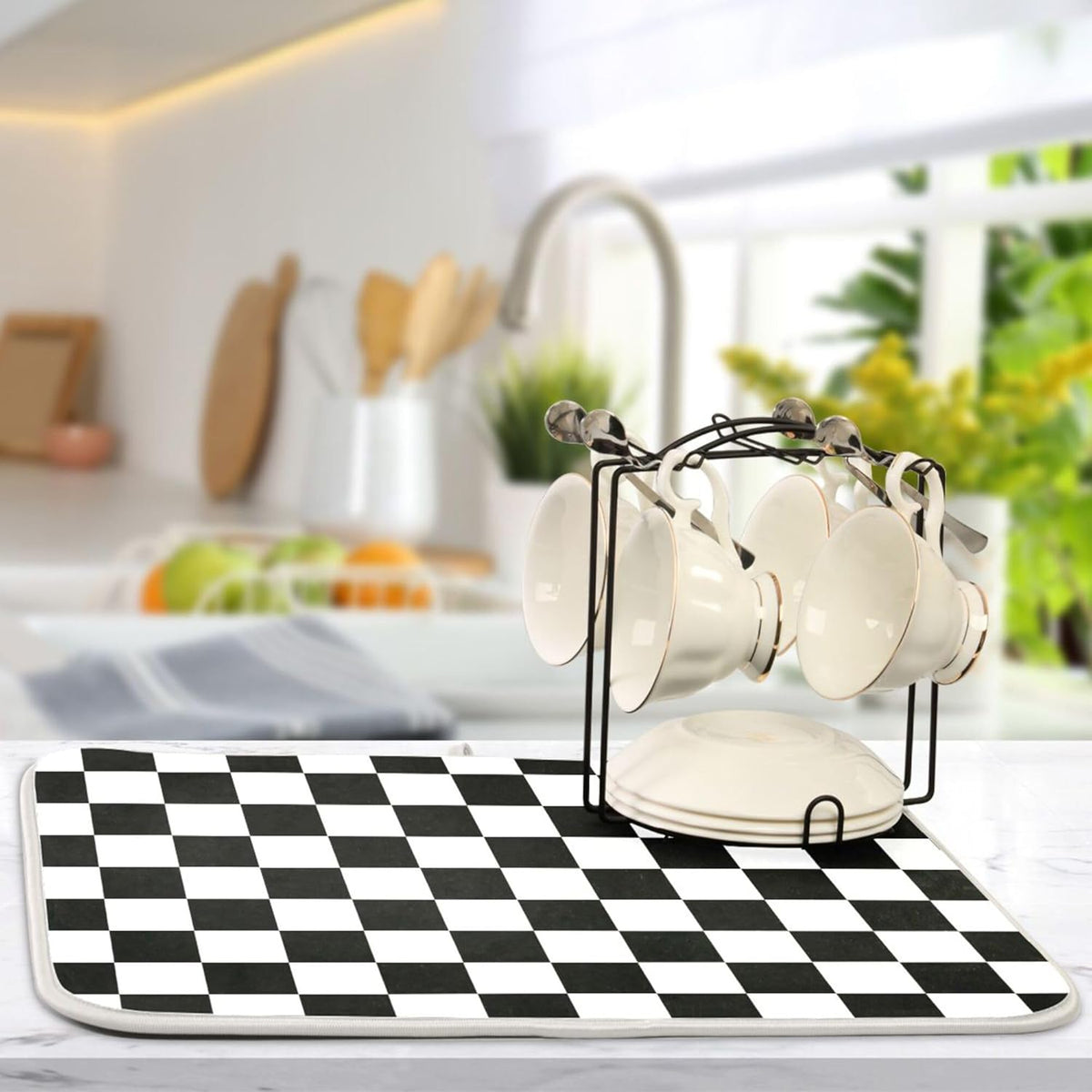 Black White Chessboard Dish Drying Mat for Kitchen Countertop 18x24 Plaid Checkered Rectangle Large