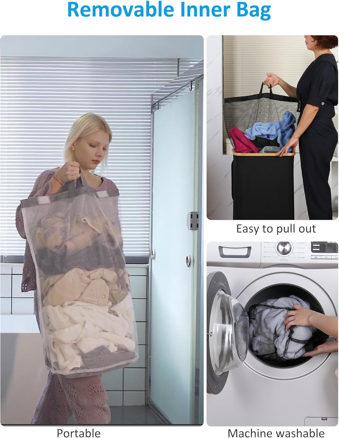 efluky Laundry Basket with Wheels, Tall Rolling Laundry Hamper with Lid and Removable Bag
