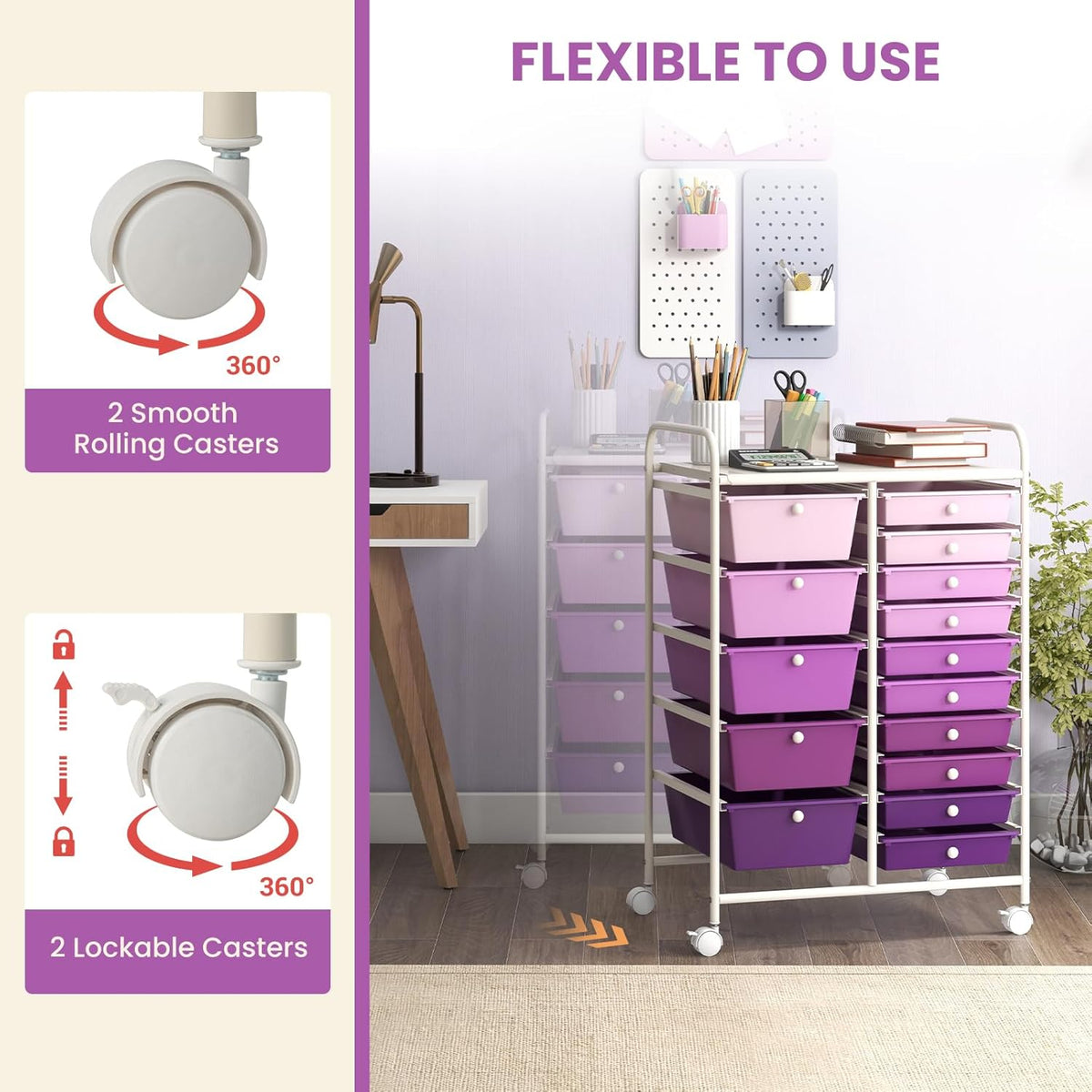 GOFLAME 15-Drawer Rolling Storage Cart, Multipurpose Movable Organizer Cart, Utility Cart for Home