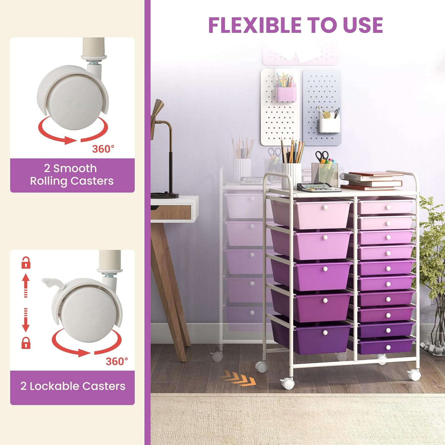 GOFLAME 15-Drawer Rolling Storage Cart, Multipurpose Movable Organizer Cart, Utility Cart for Home